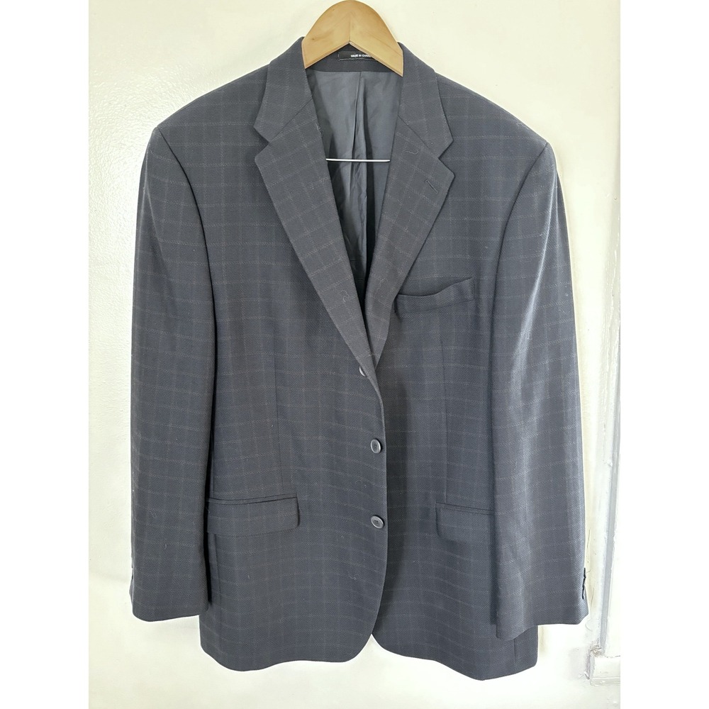 BRANDINI Men's 100% Wool Navy Plaid Blazer‎ Made in Canada Jacket 44R Academia